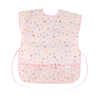 Bumkins Short-Sleeved Smock: Princess Magic features a pink floral and animal design with waist ties, front pocket, and waterproof fabric.