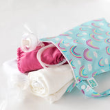 The Bumkins Wet Bag: Rainbows features a vibrant waterproof design, perfect for storing cloth diapers and pacifiers on a white background.