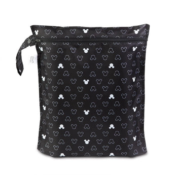 Bumkins Wet Bag: Black with white Mickey Mouse icons, waterproof, & perfect for carrying with a side handle.