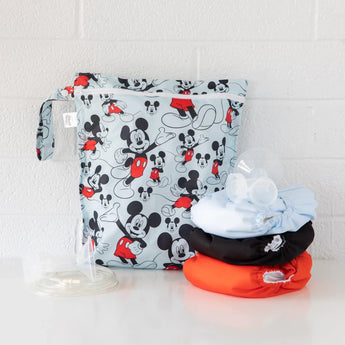 The Bumkins Wet Bag: Mickey Mouse Classic has waterproof fabric in aqua, black, and orange against a white background.