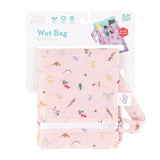 Bumkins Wet Bag: Princess Magic features whimsical prints, a white zipper, waterproof fabric, product details in packaging & a side handle.