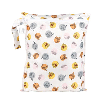 Bumkins Wet Bag: Winnie and Friends is a white waterproof bag featuring colorful cartoon animals like elephants and lions in circles.