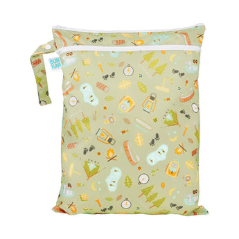 The Bumkins Camp Gear Wet/Dry Bag has camping-themed illustrations and is made from waterproof fabric with a zipper and handle.