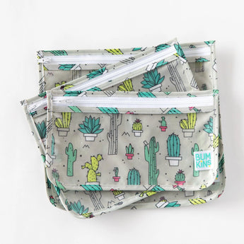 The Bumkins Clear Travel Bag 3-Pack: Cacti, stacked and crafted from waterproof fabric, on a white background.