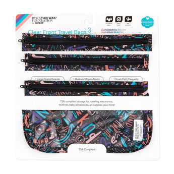 Bumkins Clear Travel Bag 3-Pack: TSA-compliant with colorful zippers and artistic packaging, Channel Kindness series.