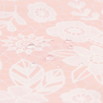 Water droplets on pink & white floral lace fabric by Bumkins, ideal for lining Clear Travel Bag 3-Pack: Lace reusable bags.