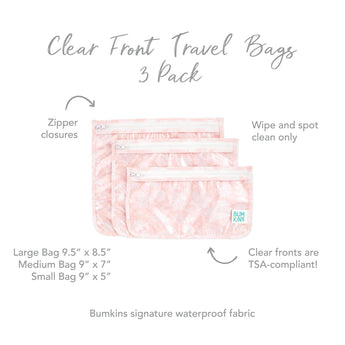 Set of 3 pink lace Bumkins Clear Travel Bags with zippers. Sizes: L 9.5x8.5, M 9x7, S 9x5. TSA-compliant.