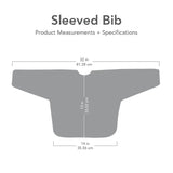 Diagram of Bumkins Sleeved Bib: Zelda™, made of waterproof fabric, 32W x 13H x 14 bottom width, for easy cleaning.