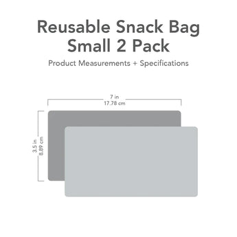 Diagram shows overlap of Bumkins Reusable Snack Bag, Small 2-Pack: Sunshine and Grounded. One bag labeled with 7 x 3.5 inches specs.