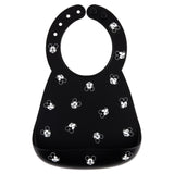 Bumkins Silicone Bib, featuring black Mickey Mouse faces, is easy to clean and perfect for your little one.