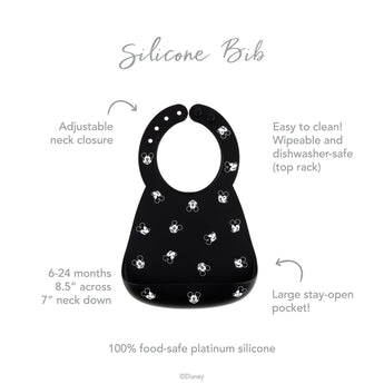 The Bumkins Silicone Bib: Mickey Mouse Faces is black, adjustable, easy to clean, has a stay-open pocket, and is dishwasher-safe.