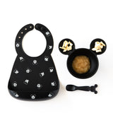 Bumkins Silicone Bib: Mickey Mouse Faces, bowl & spoon set with applesauce & banana chunks.